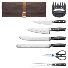 Outdoor BBQ knife set in brown canvas roll, with fork and several black-handled knives