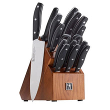 Henckels knife block set with black-handled knives in a wooden block