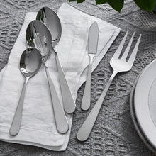 Stainless steel flatware laid on napkin: forks, knife, and serving spoon