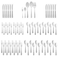 Stainless steel 65-piece flatware set overview with forks, knives, and spoons