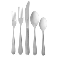 Stainless steel flatware set with fork, knife, and two spoons on display