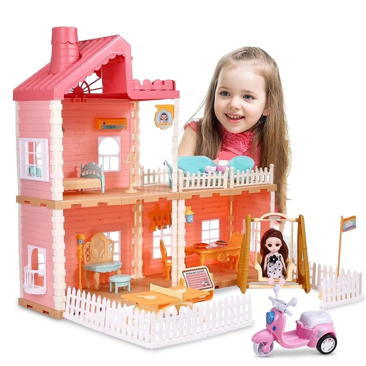 Hengswere 19Inch Dollhouse for Girls, 3 Rooms Princess Dollhouses with Furniture & Accessories and Doll Toy, Premium ABS Plastic, Pink - USA MEGA SHOP