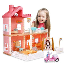 Pink two-story dollhouse with 3 rooms, balcony, and white picket fence