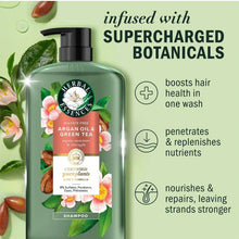 Shampoo bottle with infused botanicals benefits icons and text