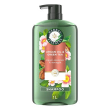 Shampoo bottle with argan oil and green tea botanical label