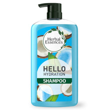 Blue shampoo bottle with pump and Hello Hydration front label