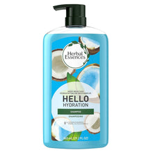 Hydration shampoo bottle with black pump and blue Hello Hydration front label