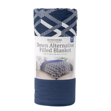 Packaged Berkshire down alternative filled blanket, dark blue pattern