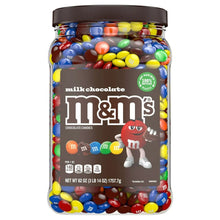 Milk chocolate candy jar with colorful M&M's pieces and dark brown lid