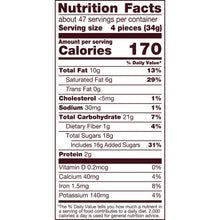 Nutrition facts panel for 4 pieces (34g), calories 170 per serving
