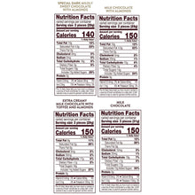Nutrition Facts panel set on chocolate assortment pouch, with calories and serving sizes