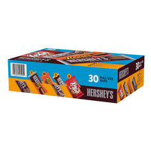 Hershey's variety pack box with 30 full-size bars, showing barcode label