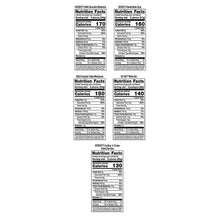 Assorted candy variety nutrition facts panel with calorie and nutrient tables