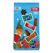Chocolate stocking stuffer shapes candy bag, front view with mixed candy shapes