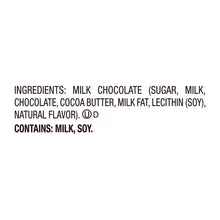 Ingredients text panel for Hershey's Kisses milk chocolate, contains milk and soy
