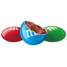 Milk chocolate candy shells with visible chocolate center, red blue green