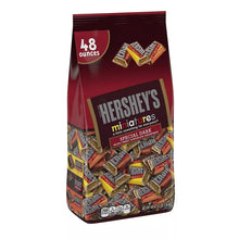Hershey's Special Dark chocolate miniatures bag, 48 oz, with assorted candy pieces on front.