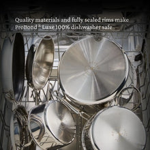Stainless steel cookware in dishwasher rack with fully sealed rims.