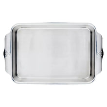 Rectangular stainless steel oven baker pan with raised rim and flat base.