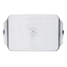 Rectangular stainless steel baker pan with back logo and side handles.