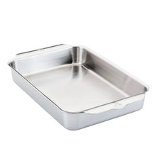 Tri-ply rectangular baker pan, 9 x 13 in, stainless steel with smooth interior.