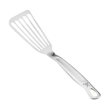 Stainless steel fish turner with slotted head and oval hanging hole on handle