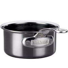 Stainless steel butter warmer pot with Hestan badge and loop handle