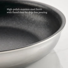 Nonstick skillet rim close-up showing black interior surface and stainless flared edge.