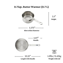 0.75 qt stainless steel butter warmer size diagram with handle.