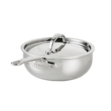 Stainless steel saucier with lid, two side handles, and pouring spout