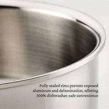 Stainless steel butter warmer close-up of sealed rim and rounded edge