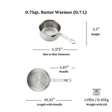 Stainless steel butter warmer with short handle, shown in front and top views
