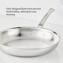 Stainless steel skillet interior with flush rivets and smooth rim
