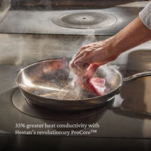 Stainless steel skillet with lid on stovetop, hand lifting lid with cloth.