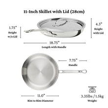 Stainless steel 11-inch skillet with lid and long handle, size diagram view.