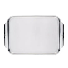 Rectangular stainless steel sheet pan with side handles and interior lip