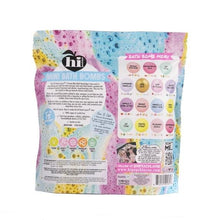 Mini bath bomb bag back panel with product details, scent icons, and hi logo