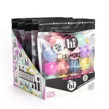 Mini bath bomb bags stacked together with colorful contents and hi logo