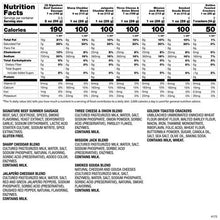 Nutrition facts panel for savory snack items, including ingredients and allergens