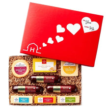 Valentine savory snacks gift box with red lid, hearts, and cheese and beef assortments