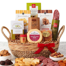 Sweet & Savory snacks gift basket with woven basket, red ribbon, and stacked gift boxes
