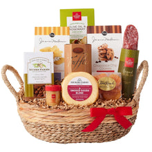 Sweet & Savory snacks gift basket with woven basket and red ribbon, assorted treats