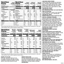 Nutrition facts panels for snack items with ingredients and allergen information