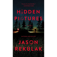 Paperback book cover with dark forest, glowing red title Hidden Pictures and Jason Rekulak