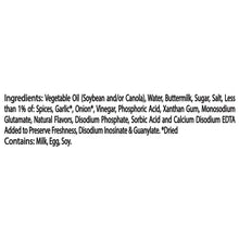 Ranch dressing ingredients panel listing vegetable oil, buttermilk, spices, garlic, and onion