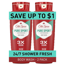 Red body wash bottles, Old Spice Pure Sport label for men