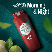 Red body wash bottle with Pure Sport label and lime wedges