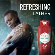 Red body wash bottle with Pure Sport label for shower refresh