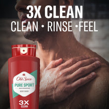 Red body wash bottle with Pure Sport label being lathered in hands