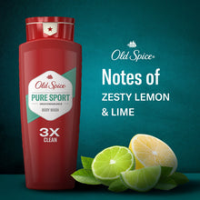 Red body wash bottle with Pure Sport label and lemon-lime slices
